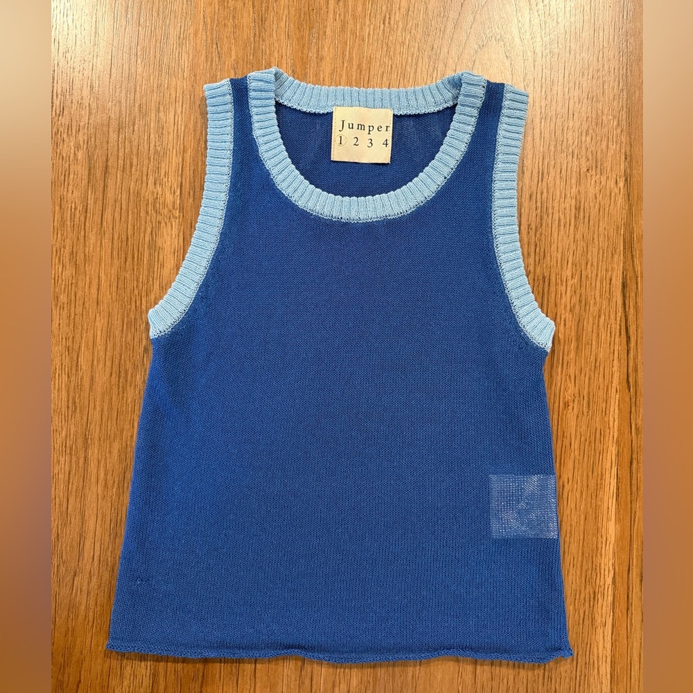 Jumper 1234 Women's Contrast Cropped Sleeveless Sweater Blue Colorblock RTP $150